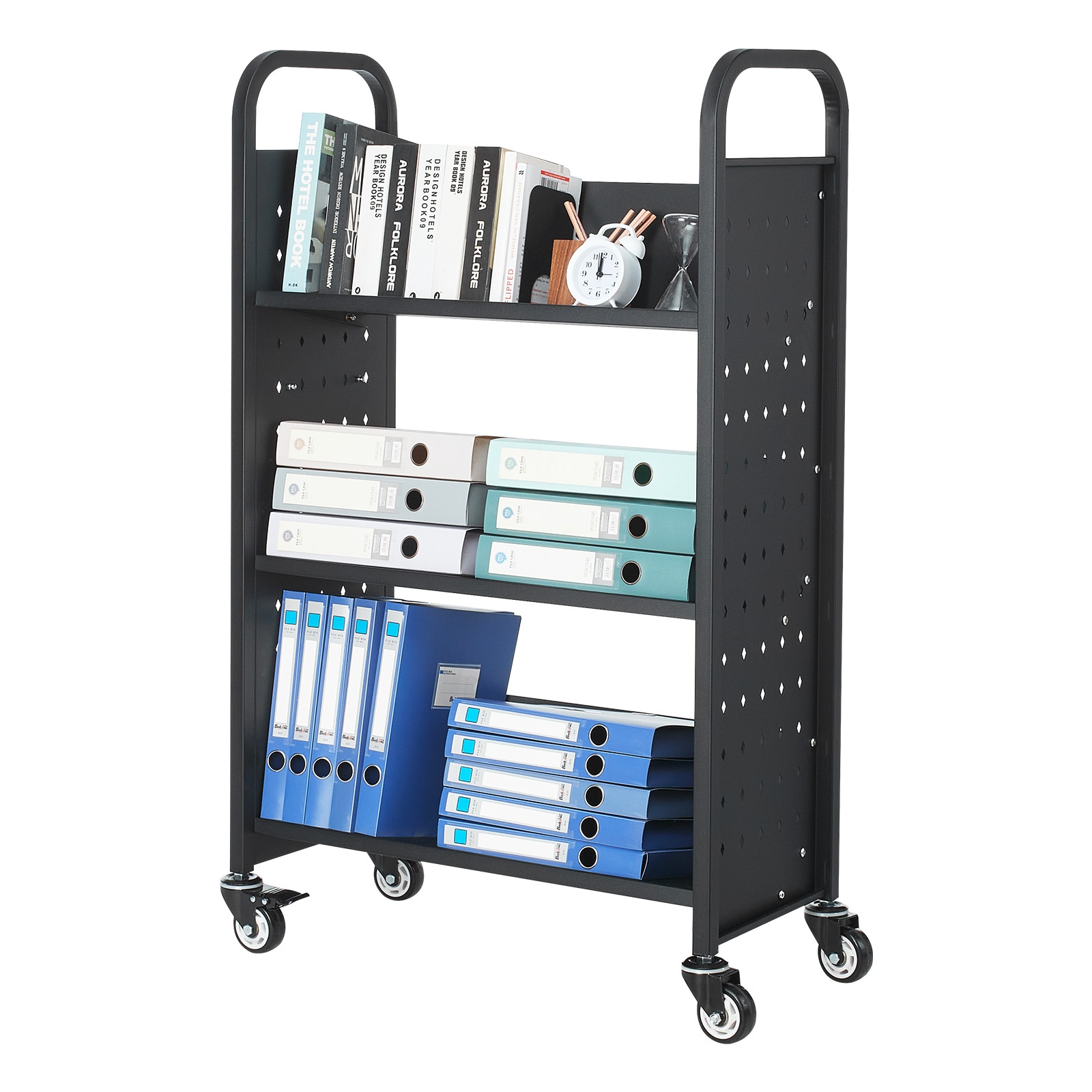 3-tier Rolling Book Cart With V-shaped Shelves In Black_voghion.com